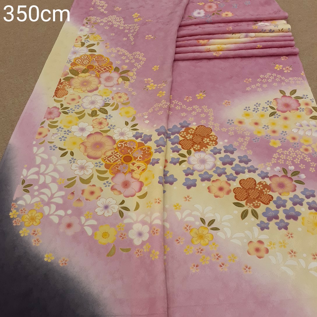012504　正絹　ピンク色　花柄　ぼかし　シルク350cm　はぎれ　ハギレ　リメイク　ハンドメイド