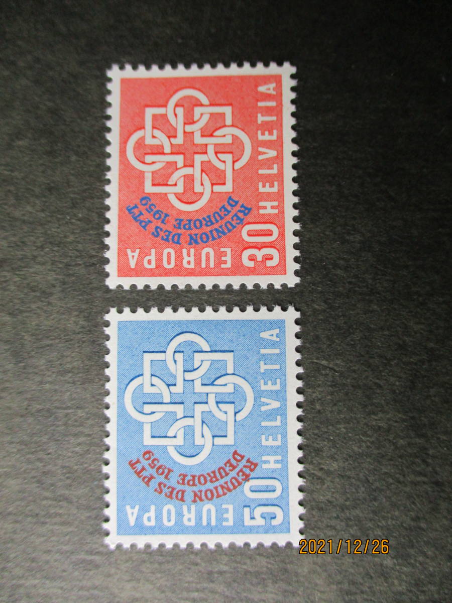 欧州郵電部長会議記念ーヨーロッパ切手に加刷　２種完　未使用　1959年　スイス共和国　VF/NH　_画像1
