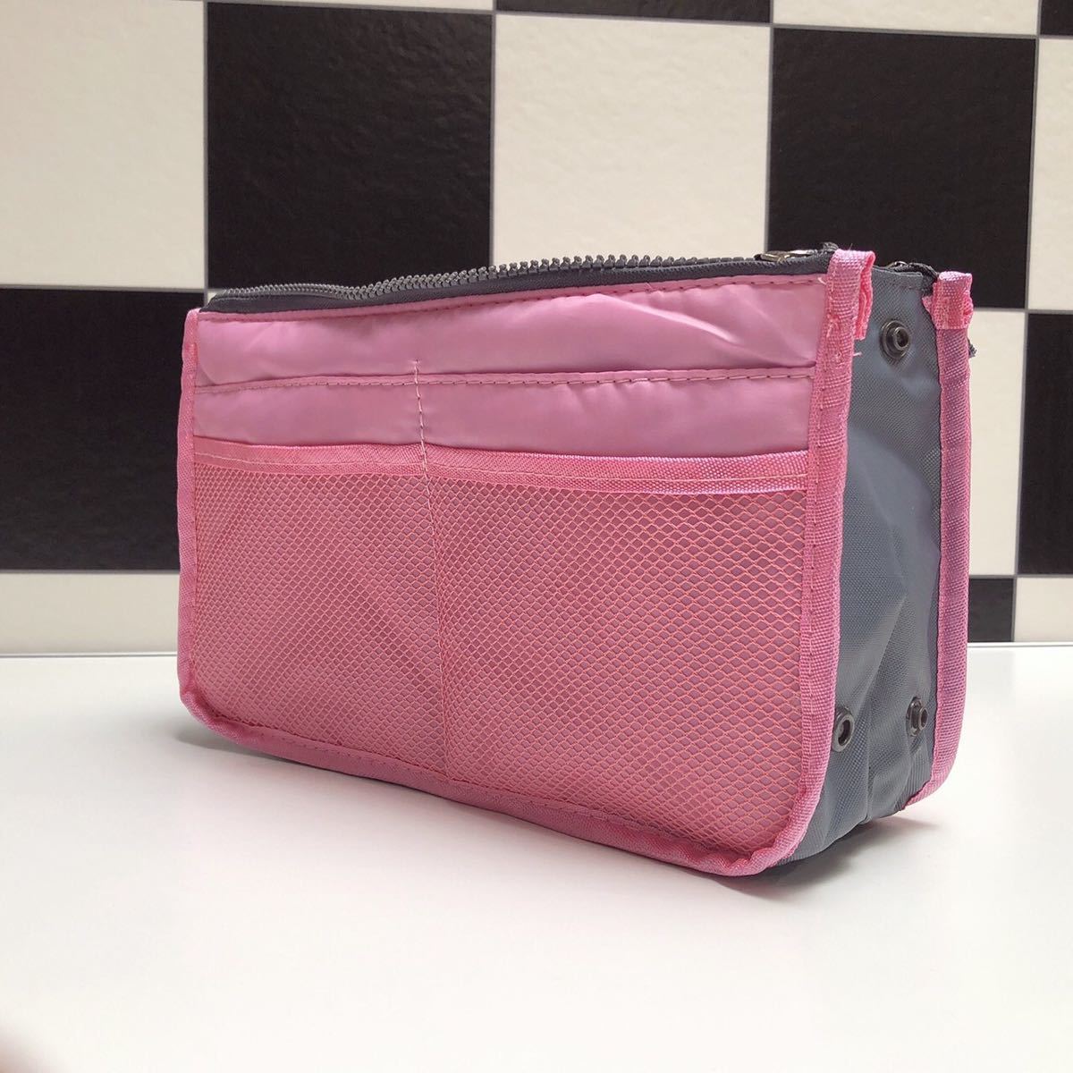 バッグインバッグ 収納 整理整頓  ポケット  携帯収納  ボタン付き　ピンク