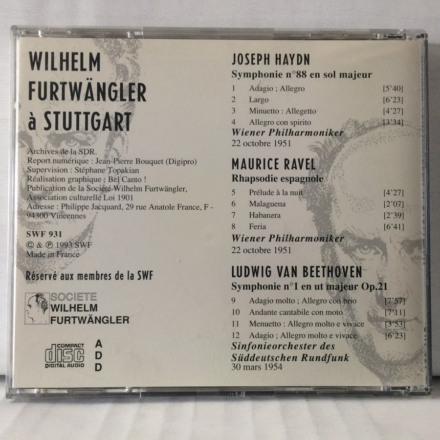 CD 仏フルトヴェングラー協会 ハイドン交響曲第88番 ベートーヴェン交響曲第1番 SWF931_画像2