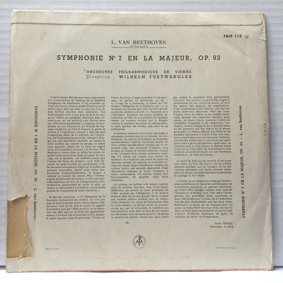 洗浄済 LP 仏盤 フルトヴェングラー ベートーヴェン交響曲第7番 FALP115_画像2