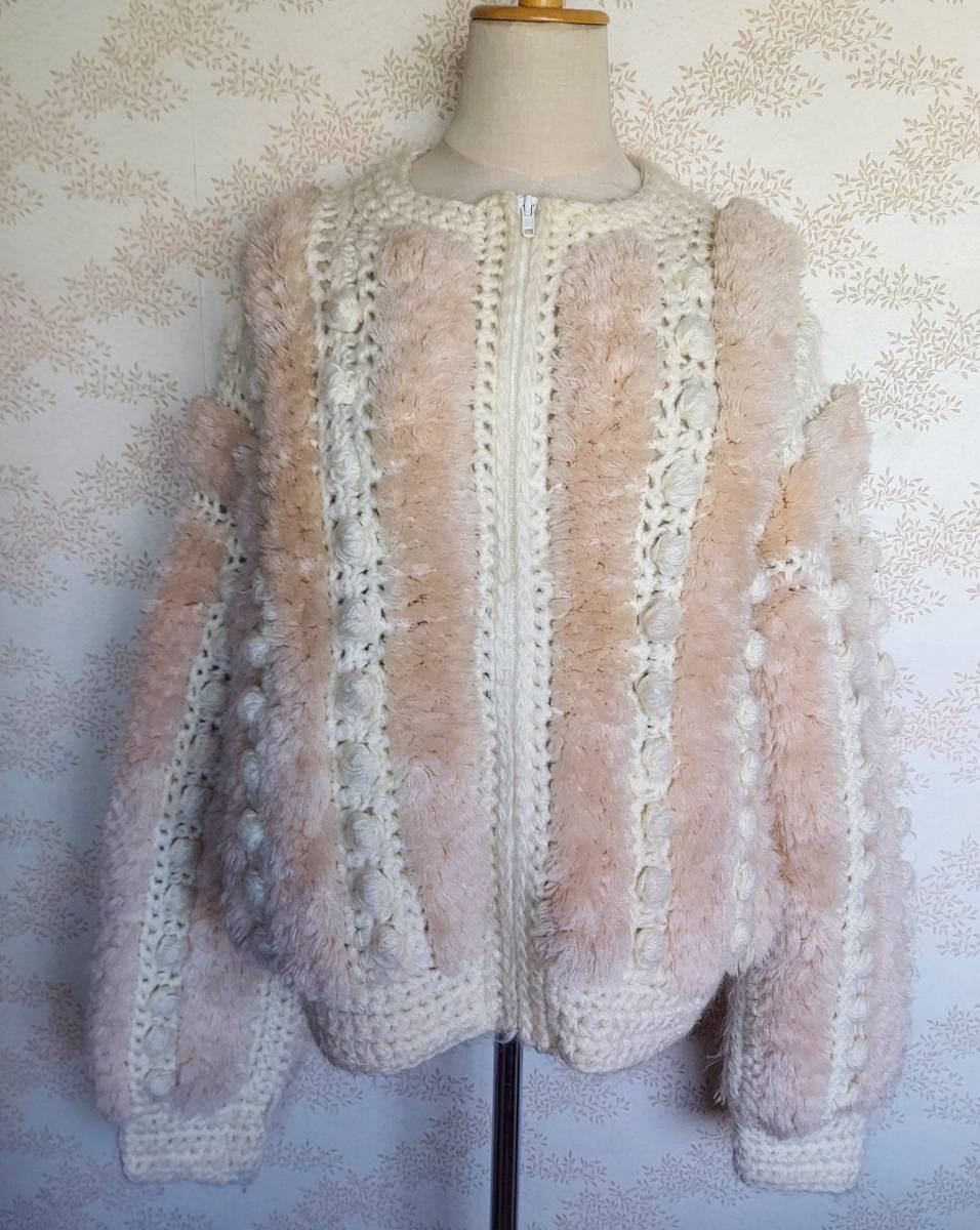 vintage ニット セーター ヴィンテージ ビンテージ 古着 アウター ブルゾン 古着屋 ホワイト ピンク ニットジャケット ニットブルゾン knit