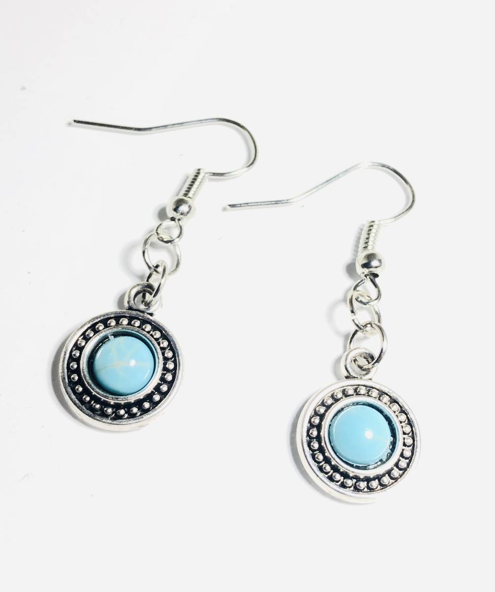  natural stone Power Stone turquoise turquoise silver circle earrings 