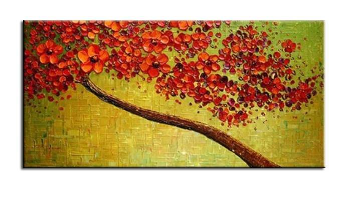 バーゲンで 【受注制作】アートパネル　『抽象的な木の赤い花』　60x120cm x 1枚　肉筆　ディスプレイ　インテリア 抽象画
