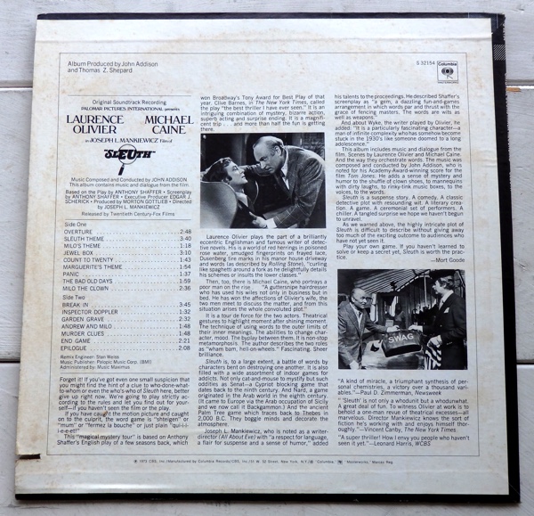LP саундтрек OST SLEUTH..s разрозненный JOHN ADDISON рис запись S32154 CUT запись 