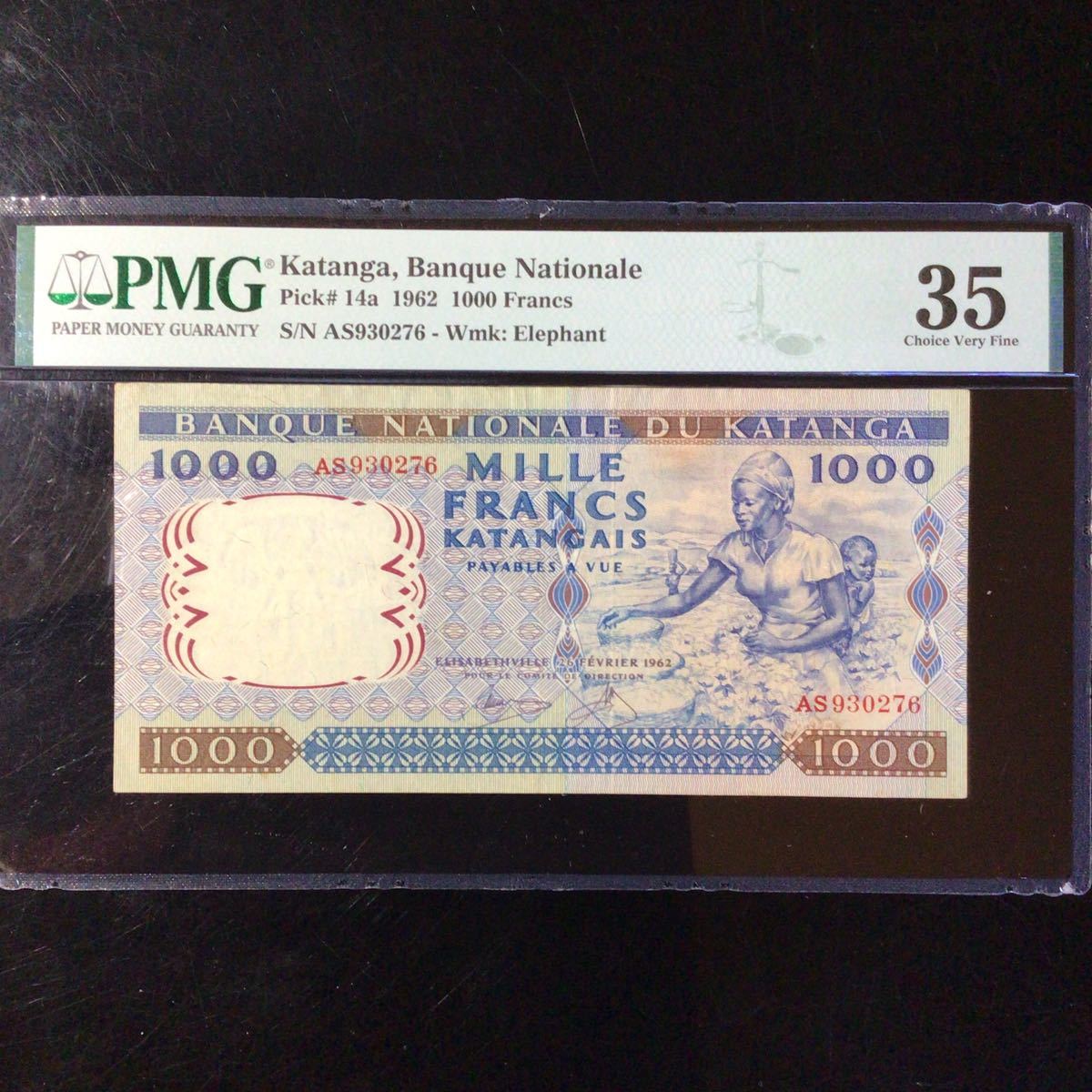 World Banknote Grading KATANGA《Banque Nationale》1000 Francs【1962】『PMG Grading Choice Very Fine 35』