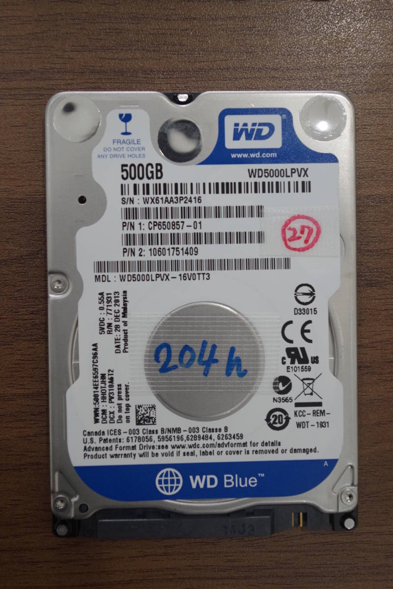 (27)中古 使用時間少 WD 2.5 HDD 500GB (WD5000LPVX) 検査ツール正常確認_画像1
