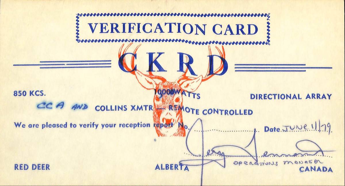  prompt decision * including carriage *BCL* defect department * hard-to-find * rare beli card *CKRD broadcast * Alberta * Canada *1979 year 