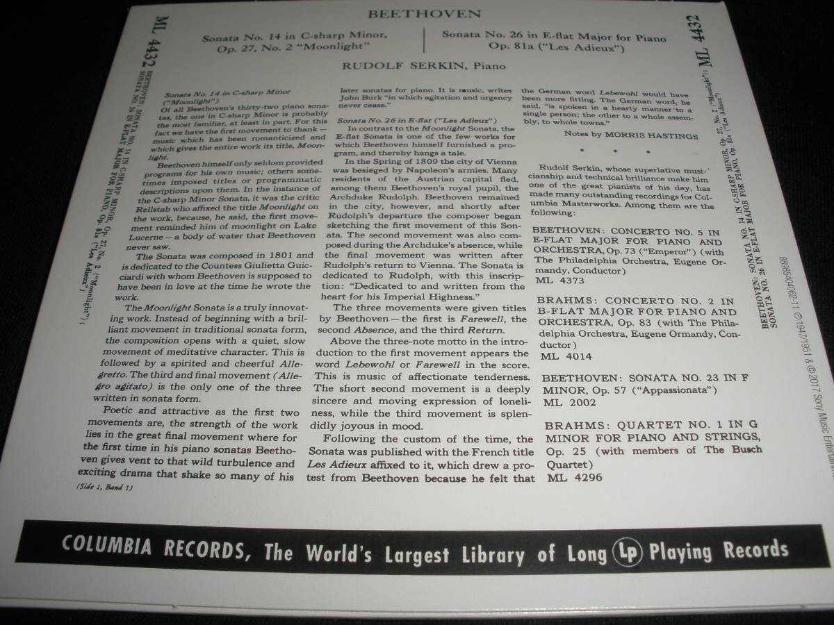 ルドルフ ゼルキン ベートーヴェン ピアノ・ソナタ 14 月光 23 熱情 26 告別 1947 51年 リマスター オリジナル紙ジャケット 未使用美品_リマスター オリジナル紙ジャケCD 美品