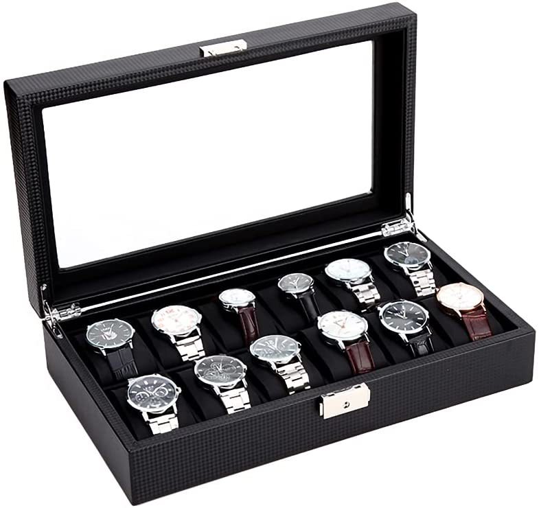 ★1円★訳あり　12本　腕時計収納ケース カーボン 時計ケース 腕時計ケース 時計 腕時計 収納 オシャレ ディスプレイ インテリア　ブラック
