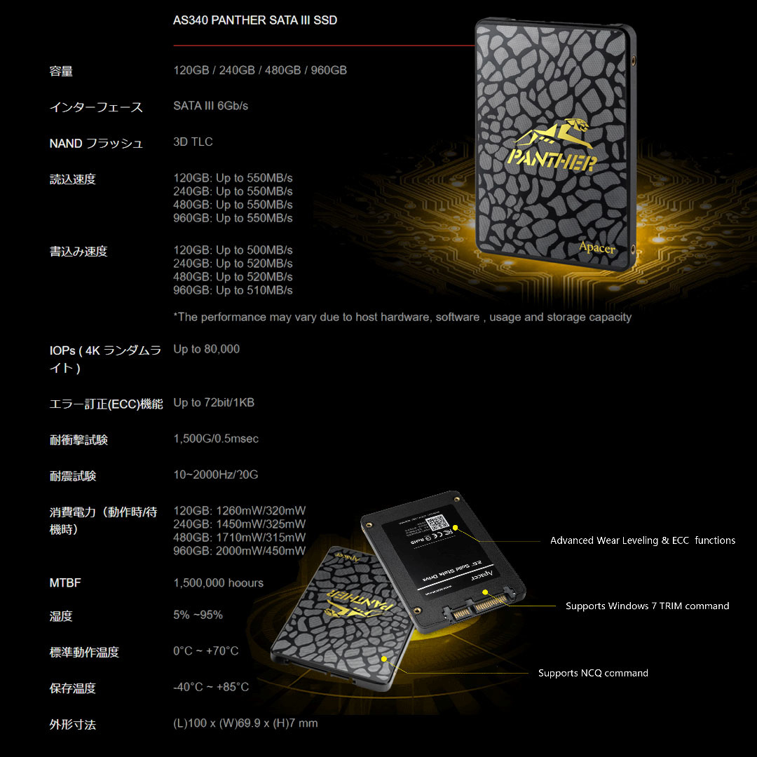 Apacer SSD 2.5インチ 240GB AS340G　9.5mm厚デバイス用スペーサ・ミリねじ付き 送料込