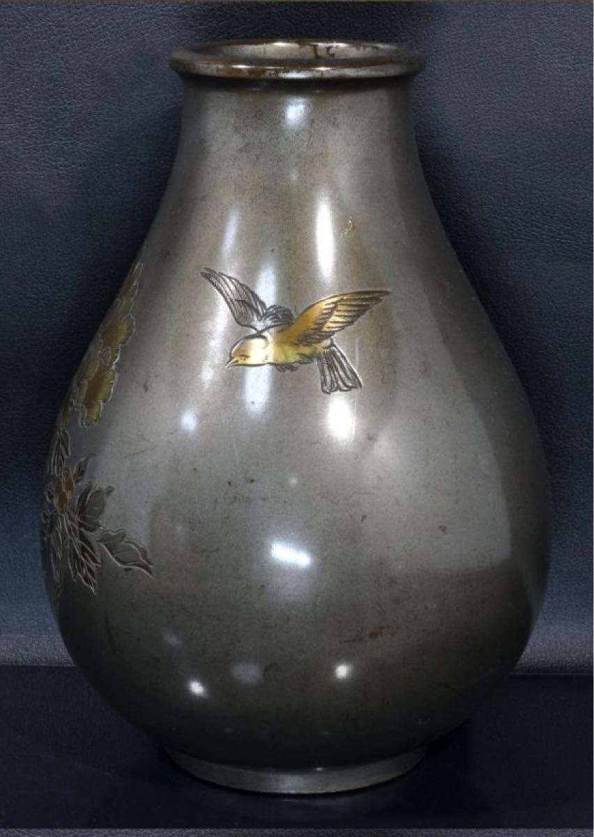本日特別価格　H080  華瓶　銅製　玉章造　牡丹うぐいす図　花器　華道具　床の間飾り　箱なし　