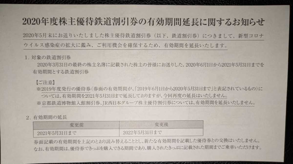 JR西日本　株主優待鉄道割引券　2枚　［送料無料］　有効期限：2022.-5.31_画像3