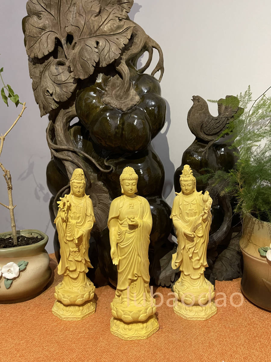 宫崎】婆娑三聖 木彫仏像 地蔵菩薩 阿弥陀如来 觀音菩薩 供養品 - 彫刻