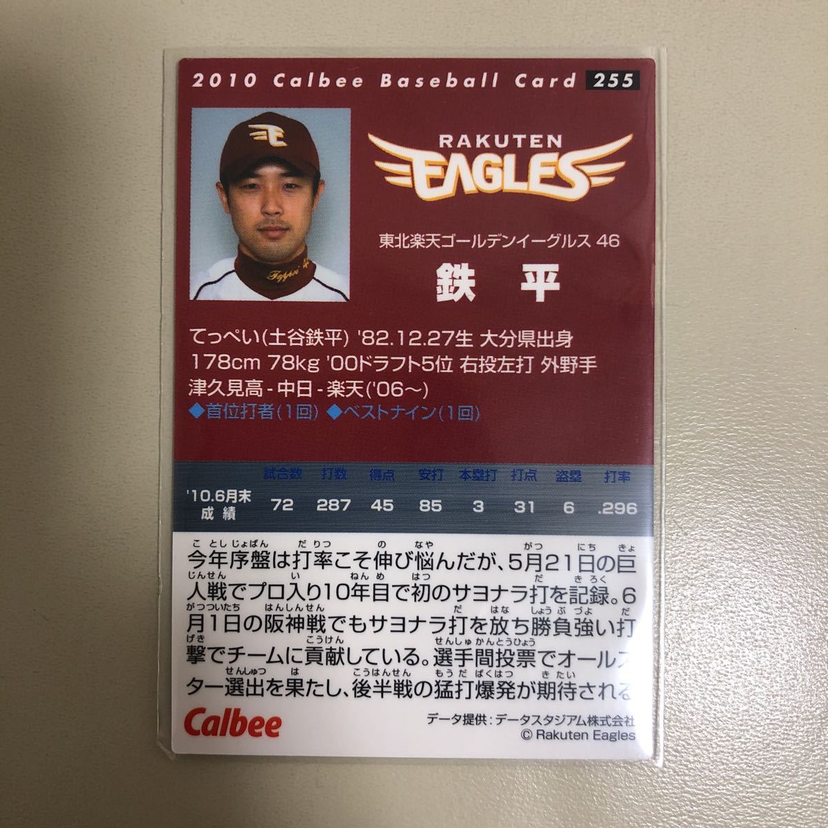 カルビー 2010 255 鉄平(楽天)レギュラーカード_画像2