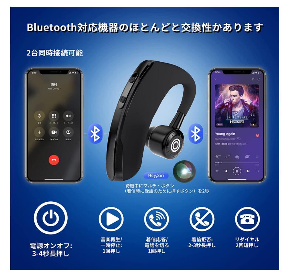 ヘッドセット Bluetooth5.0 イヤホン 片耳 ワイヤレス 耳掛け 230mAhバッテリー USB充電 21時間連続使用 左右耳兼用 270°回転 マイク内蔵_画像4