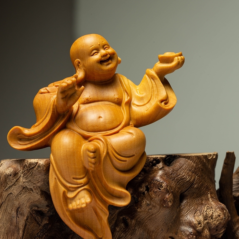 仏師彫り 七福神 縁起物 布袋尊 木彫仏像 彫刻工芸品 - 美術品
