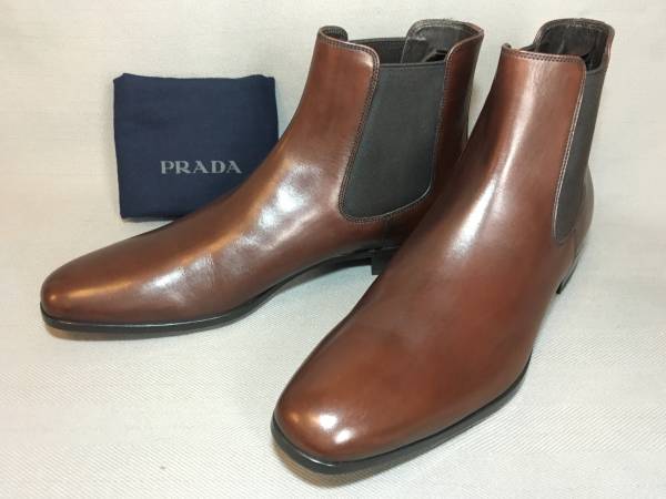 新品 プラダ サイドゴア レザー ブーツ 9 茶 ブラウン PRADA 革靴 本革 カーフ a_画像1