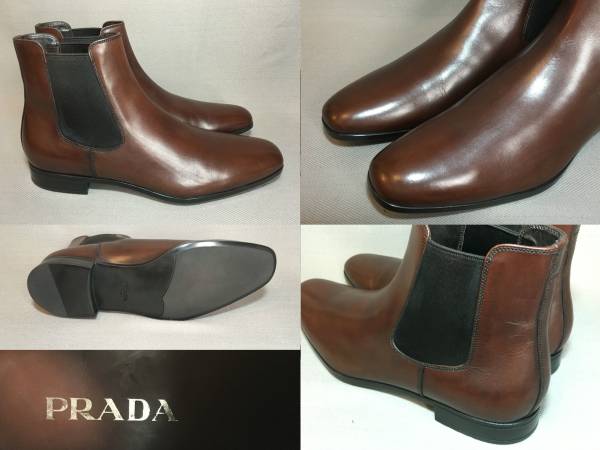 新品 プラダ サイドゴア レザー ブーツ 9 茶 ブラウン PRADA 革靴 本革 カーフ a_画像3