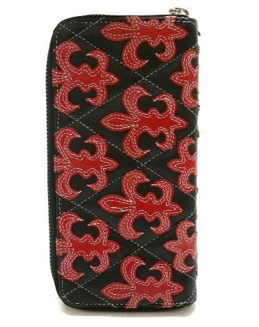 牛革 百合の紋章チャーム縫い レザーウォレット黒×赤/ファスナータイプ
