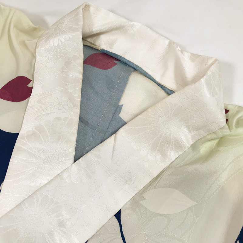 ★振袖用長襦袢 正絹/裄67.7袖丈105.3/紺、淡い黄緑 半衿★美品 19u7_画像3