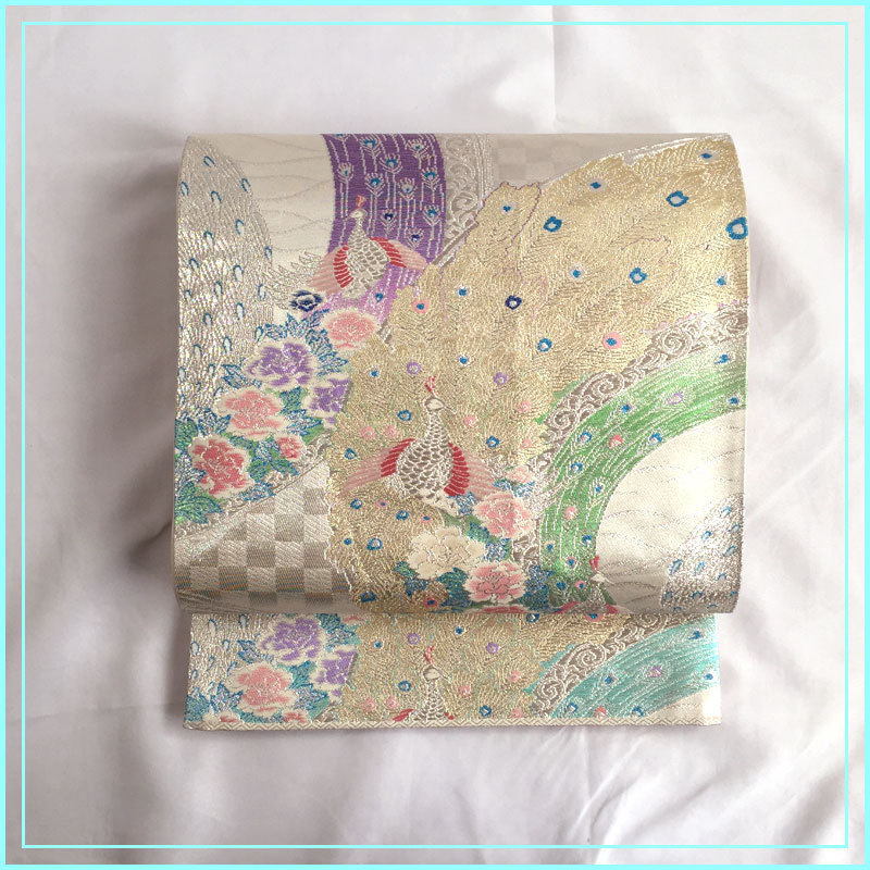 優先配送 ☆きものマーチ☆孔雀文 ラメ袋帯 六通 牡丹 唐草☆美品