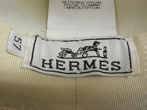 1円 ■美品■ HERMES エルメス リネン×ナッパレザー ハット 帽子 サイズ57 メンズ レディース オフホワイト系×ブラック系 R8164Ah_画像4