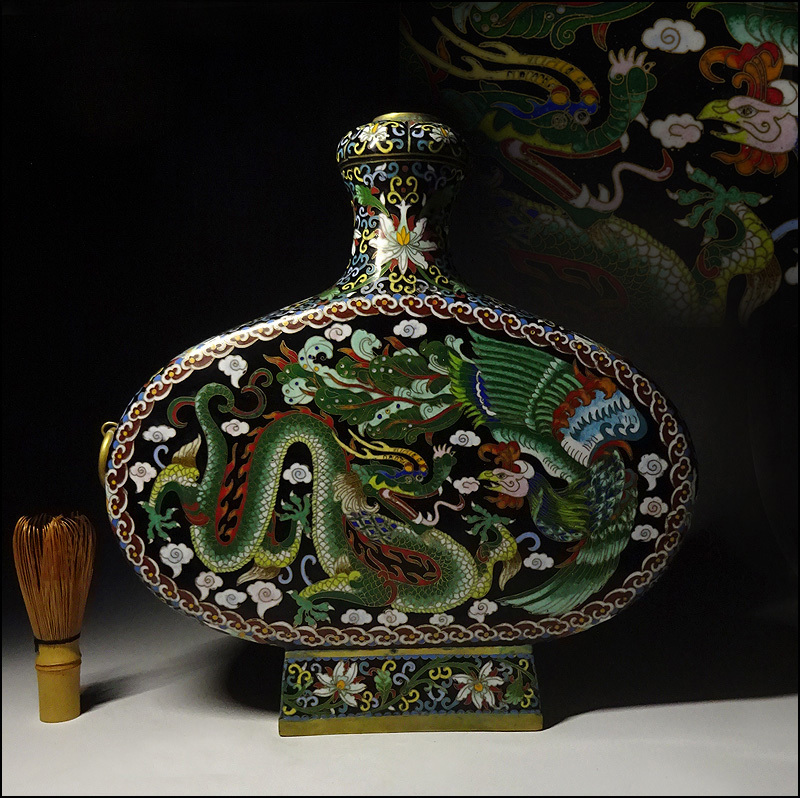 緑屋i□ 中国古玩銅胎七宝扁壷大花瓶龍鳳凰紋高約33.5cm 銅胎掏絲琺瑯