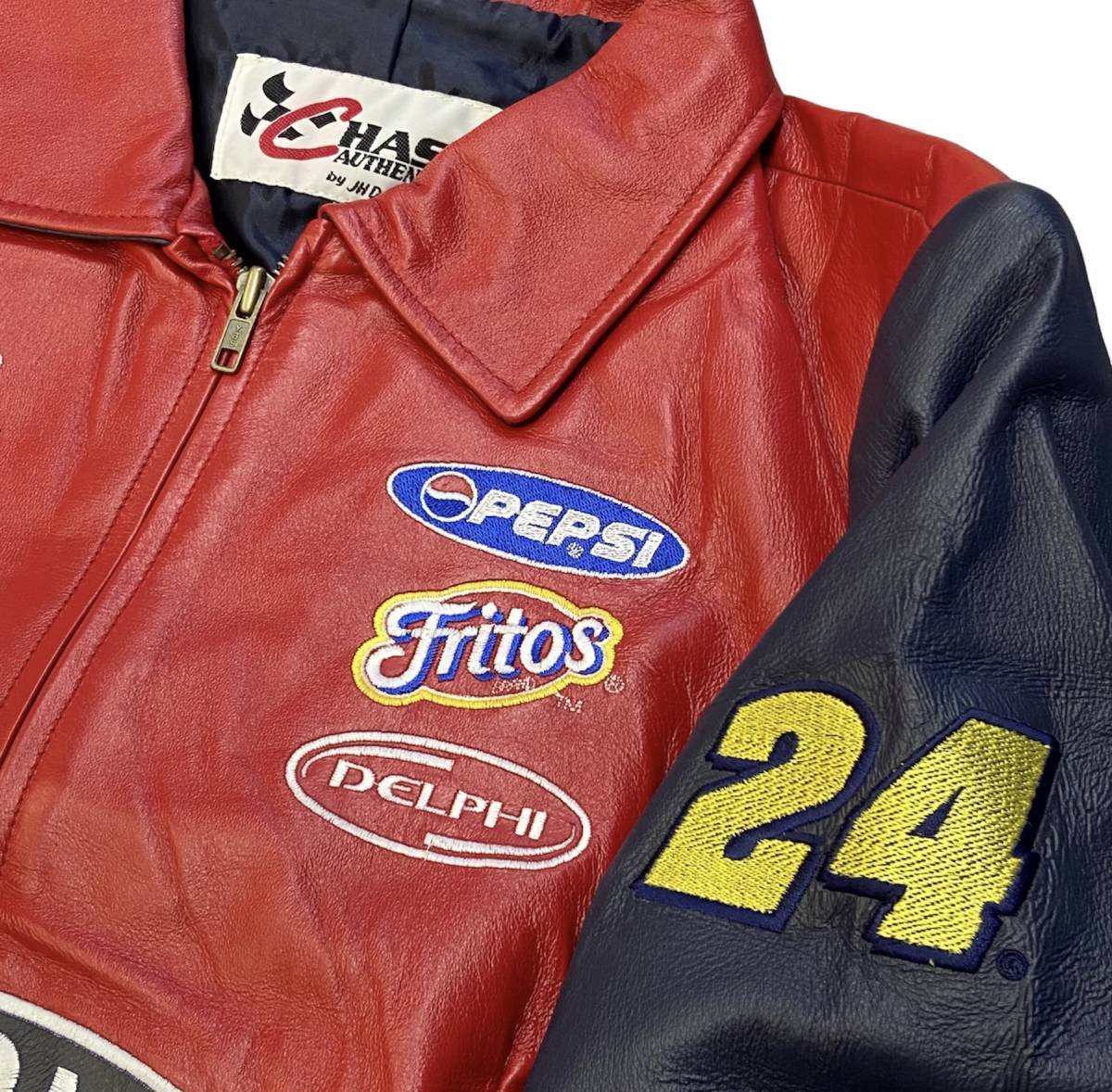 90s CHASE DUPONT レザー 本革 レーシング ジャケット XL 赤×紺 ファイヤーパターン NASCAR PEPSI JH DESIGN  ジェフハミルトン 企業 刺繍