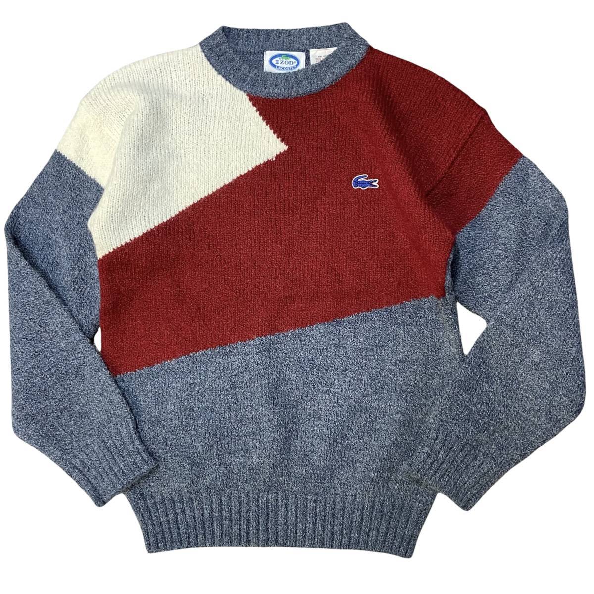 70s 80s LACOSTE IZOD ラコステ セーター 18 グレー アクリル ニット カーディガン クルーネック アイゾッド ヴィンテージ