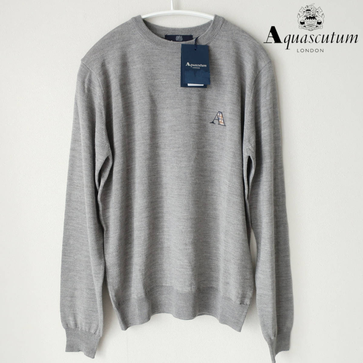  new goods unused tag attaching Aquascutum Aquascutum LONDON Logo high gauge knitted wool sweater ound-necked long sleeve gray men's S size 