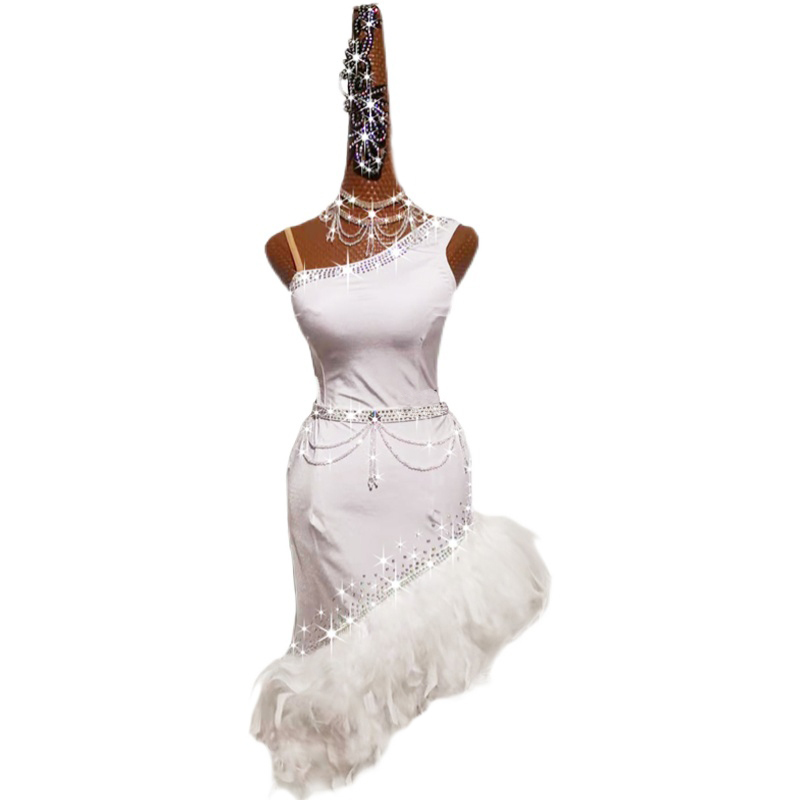 新品　レディース社交ダンス衣装　ラテンドレス　お得のセット品　裾に羽飾り　ホワイト　S～2XL選択可　サイズオーダー無料対応