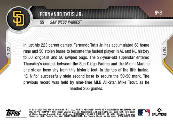 フェルナンド・タティスjr　Fernando Tatis Jr. - 2021 MLB TOPPS NOW Card 542　2021.7.22　トップス　カード　大谷翔平　限定_画像2