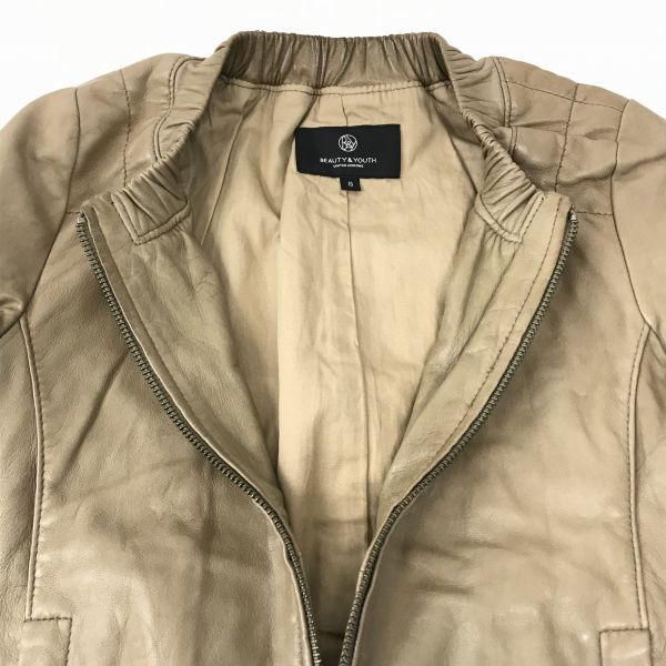 BEAUTY & YOUTH/UNITED ARROWS 羊革/本革/レザージャケット【レディースS/茶/ブラウン】ラウンドネック/ダブルジップ BF958