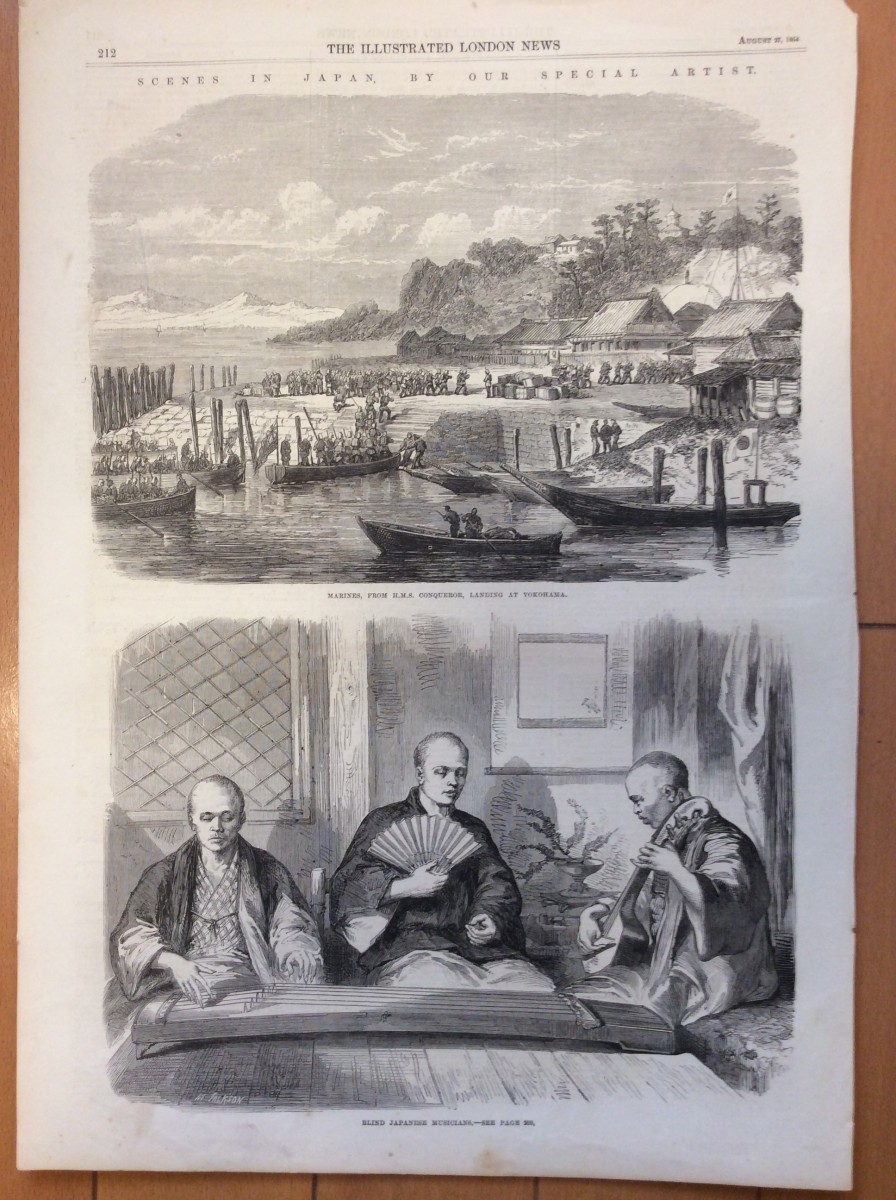 訳あり 1864年 　横浜に配備されるイギリス軍と盲目の楽士　　ロンドン絵入り新聞 オリジナル石版画 木版画