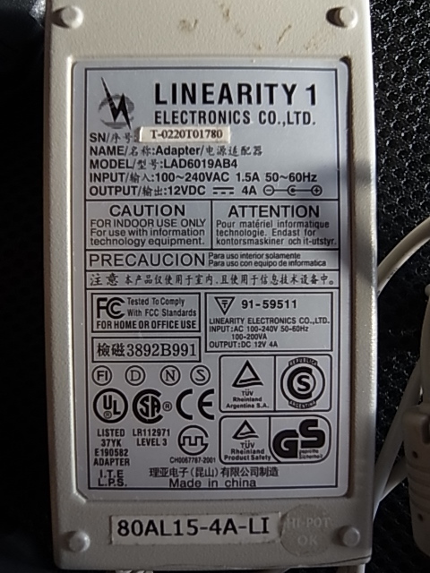 ★LINEARITY1 AC アダプター LAD6019AB4 12VDC~4A 外径約5.5mm★_画像2