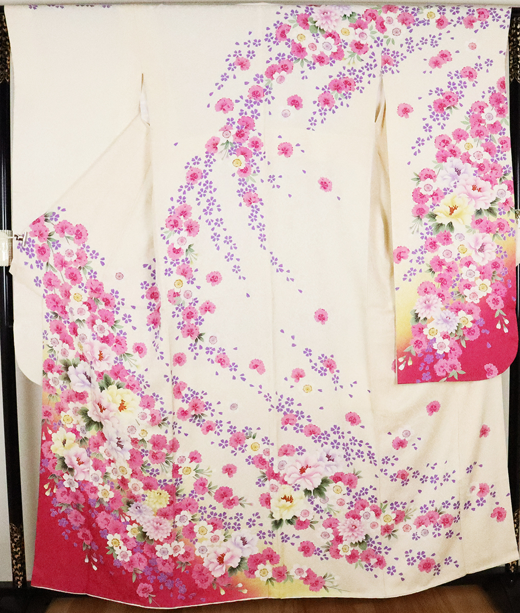 買取り実績  美品 ki16872 Lサイズ 牡丹桜 ローズピンク 黄色 クリーム 正絹 袷 振袖 着物 中古 リサイクル 送料無料 成人式 レディース 振袖