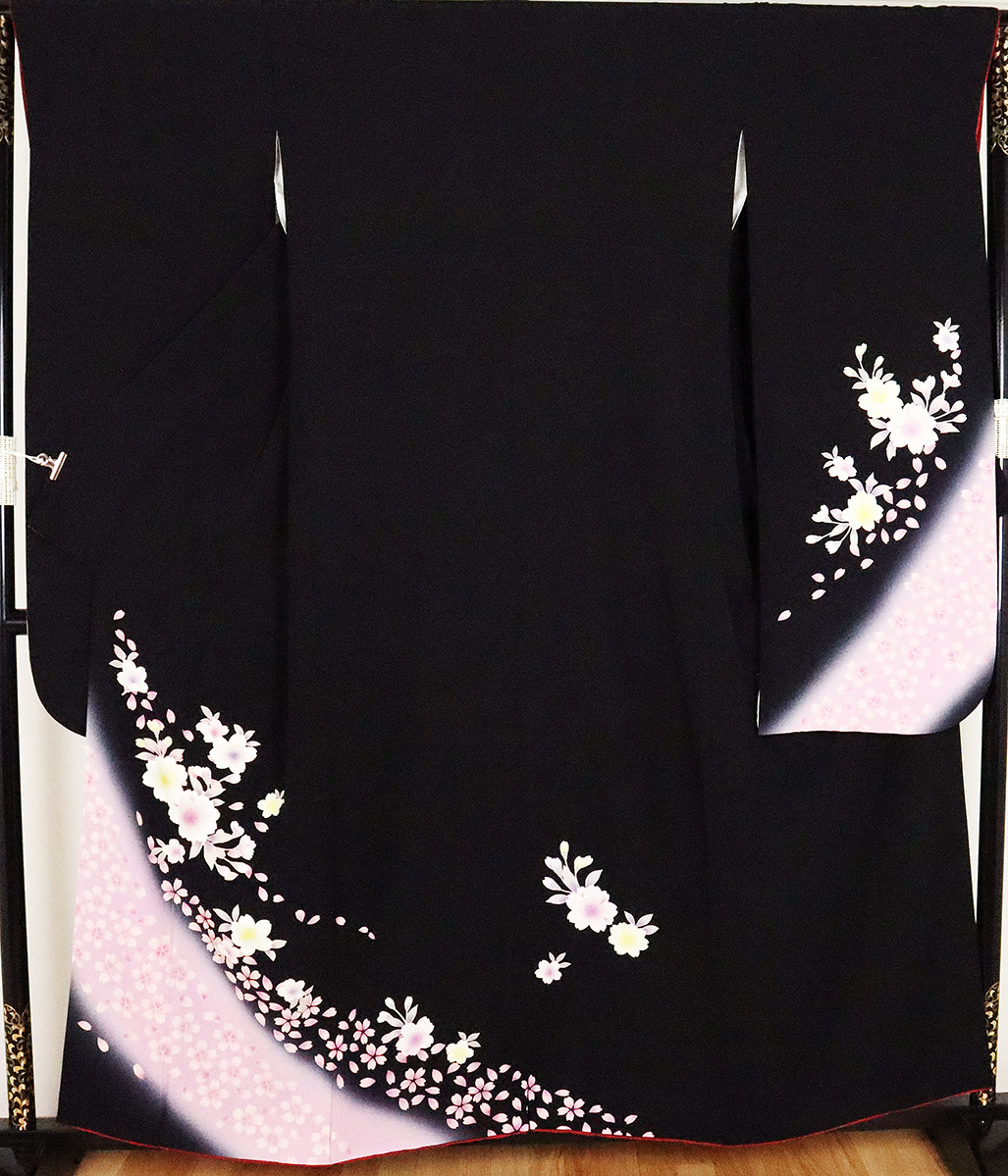 振袖 正絹 黒 ピンク 桜 Lサイズ ki19444 美品 着物 レディース 成人式 送料無料 リサイクル 中古 振袖
