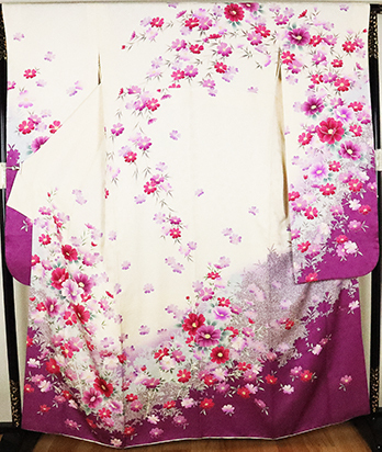 振袖 正絹 白 薄紫 紫 花満開 Lサイズ ki24938 美品 着物 レディース 成人式 送料無料 リサイクル 中古
