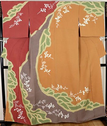 絞り友禅訪問着 袷 正絹 赤紫 茶 グレー 緑 絞り花流水 Lサイズ ki22773 新品 日本製 着物 レディース 公式行事 送料無料