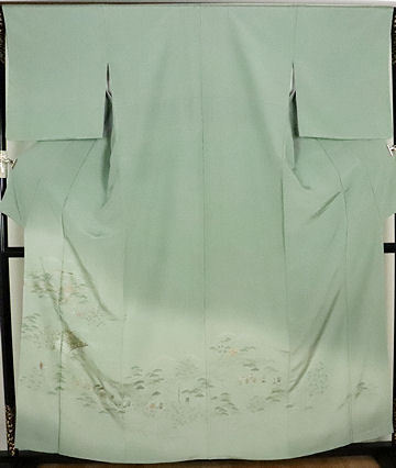 色留袖 訪問着 袷 正絹 薄緑 刺繍仏閣風景 Lサイズ ki24258 新品 着物 レディース 公式行事 送料無料