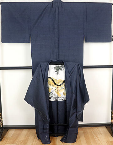 大島紬アンサンブル 正絹 濃紺 小亀甲 L寸 MY3168 新品 紳士用 メンズ