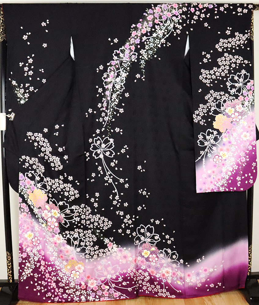 振袖 正絹 黒 ピンク 紫 桜紋 LLサイズ トールサイズ ki20843 美品