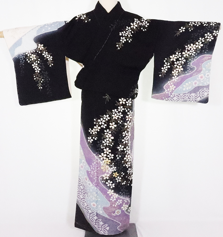 辻が花訪問着 袷 正絹 黒 白 絞り辻が花 桜 Lサイズ ki20938 着物