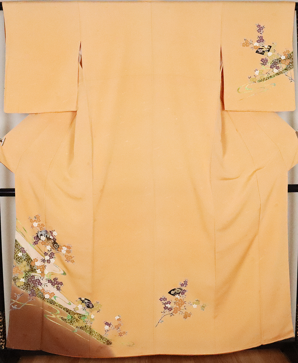 訪問着 正絹 オレンジ 色抹茶 暈し 桜 花扇子 Lサイズ ki20602 新品 着物 公式行事 送料無料