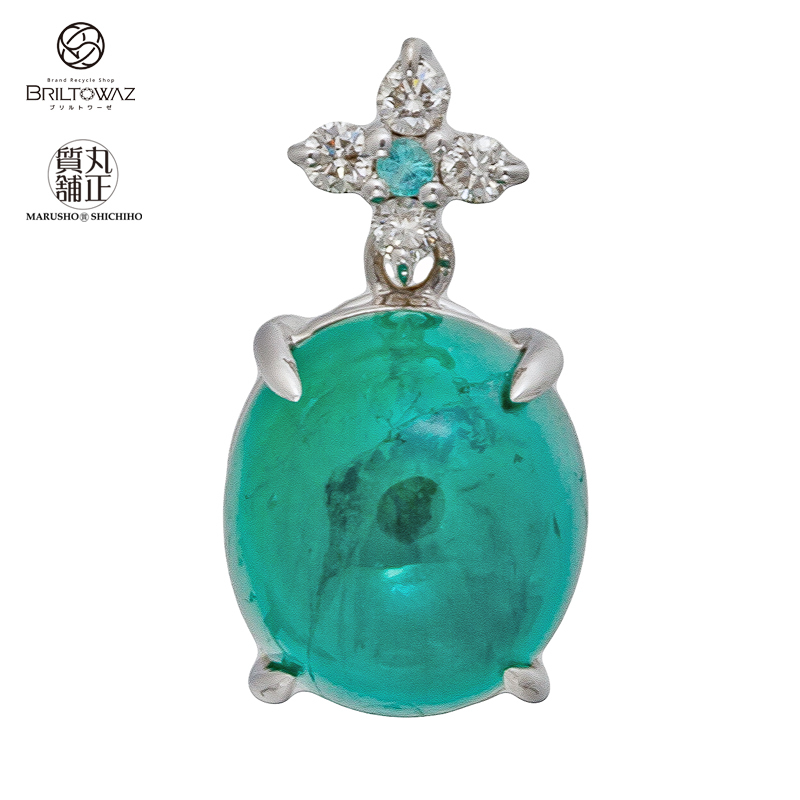 人気満点 K18WG チャ―ム カボションエメラルド 3.00ct ダイヤモンド