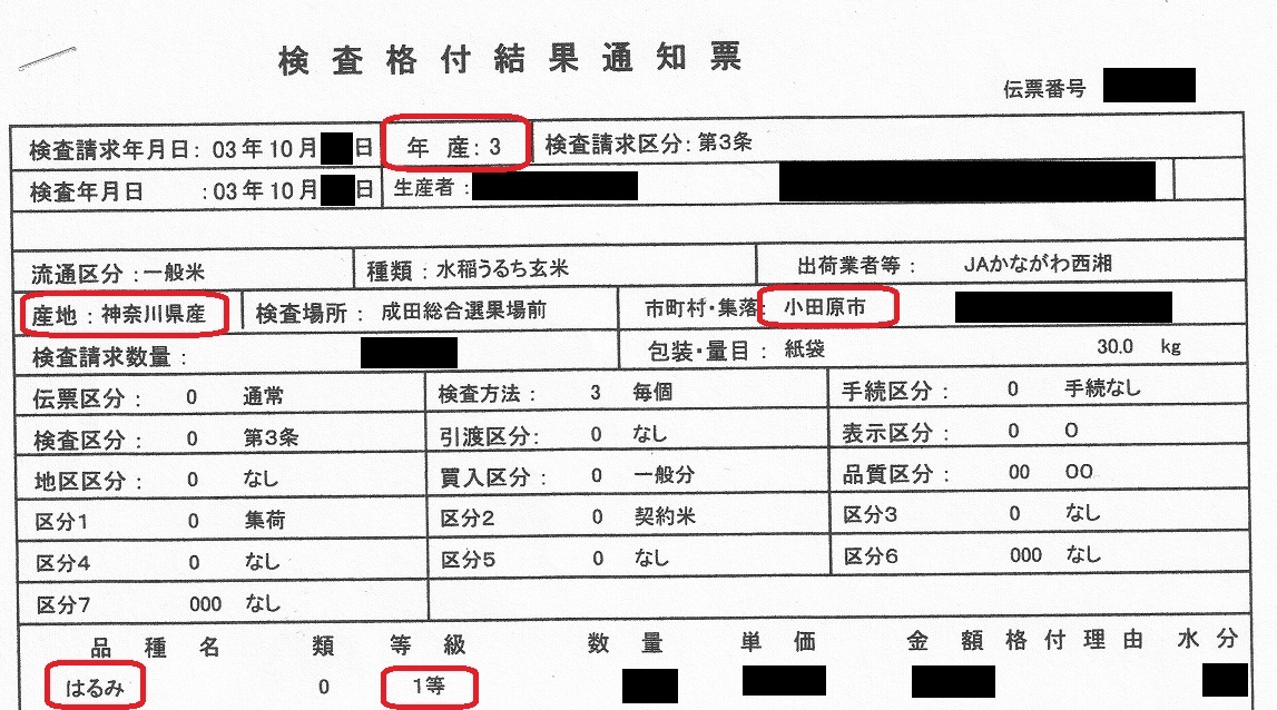 ★☆送料込！　新米　令和3年産　はるみ　特別栽培米　神奈川県西部産　玄米10kg　無農薬　農家直送品☆★_格付結果