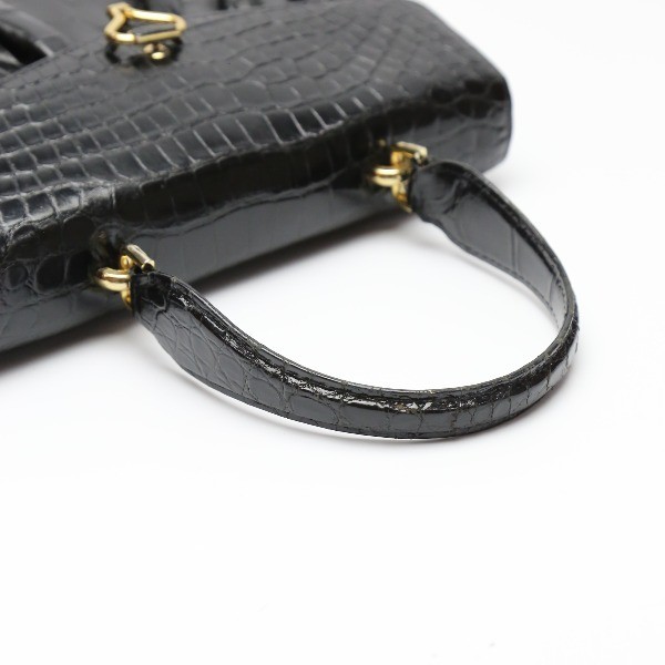  крокодил ручная сумочка сияющий Gold металлические принадлежности CROCODILE черный женский б/у 