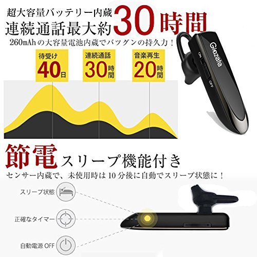 Glazata Bluetooth 日本語音声ヘッドセット V4.1 片耳 高音質 超大容量バッテリー、長持ちイヤホン、30時_画像4