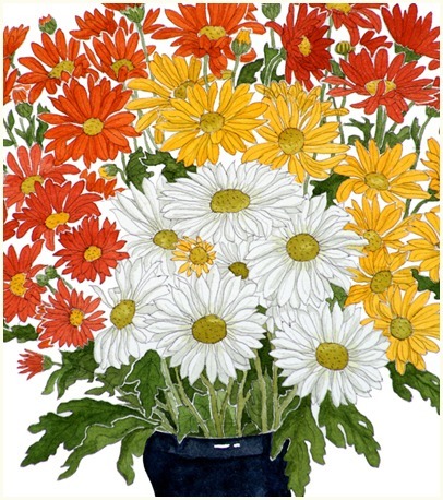 人気の 有名国際展作家「青い花瓶の菊」花の絵/ D・リトグラフ/サロン 